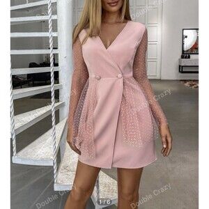 Double Crazy Mesh Sleeve Double Button Wrap Dres Small Surplice Neck
